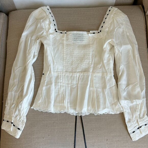 NEW Reformation Haisley Top Blouse Sz4 White Cotton Lace Black Bow French - Picture 7 of 10